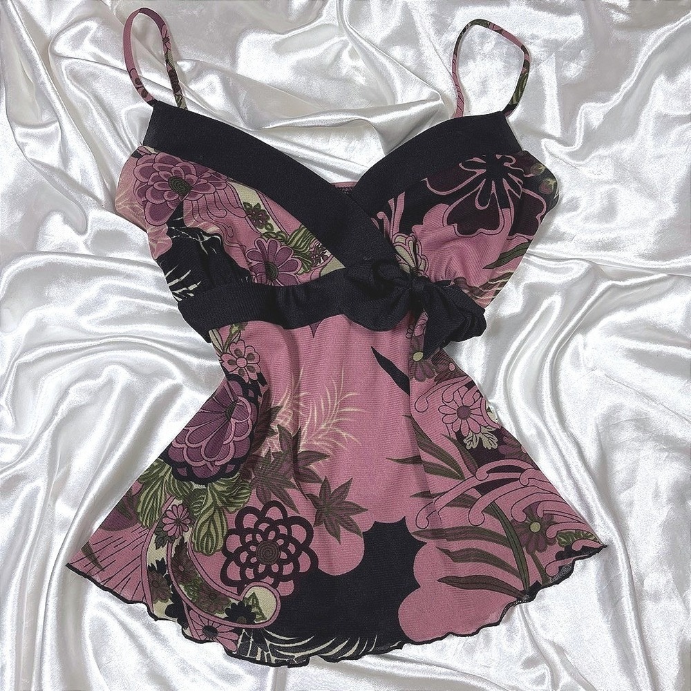 y2k Cami Top Pink Excellent Trixxi Floral Mesh Empire Waist Lettuce Hem Camisole